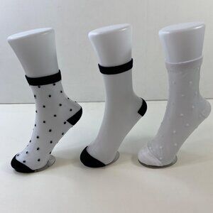 Womens Sheer Polka Dot Crew Socks Lot Of 3 Black & White Retro Style